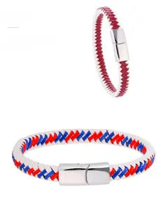 Close-up of leather braided bracelets with secure metal magnetic clasps in vibrant colors
