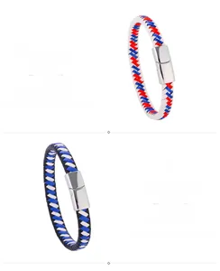 Close-up of woven leather bracelets with polished magnetic metal clasps in multi-color options