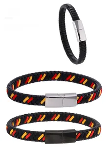 Detail showing woven leather bracelets with magnetic clasps in black and tricolor patterns