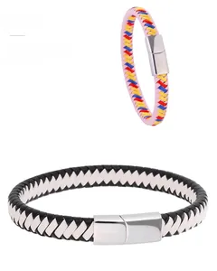 Detail view of woven leather bracelets with magnetic clasps in colorful and black-white tones