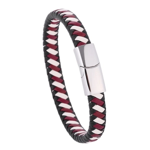 Detailed close-up of woven leather bracelet with magnetic silver clasp in 45-degree angle