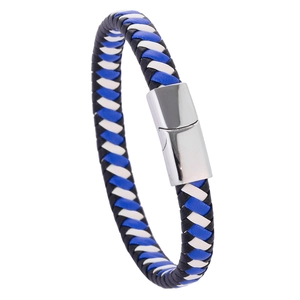 Detail of three-color braided leather bracelet with silver metal clasp on white background