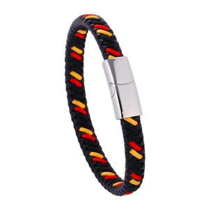 Stylish woven leather rope bracelet with black red yellow fibers and magnetic buckle