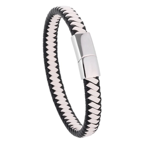 Men's hand-woven black and white leather bracelet with polished silver metal clasp
