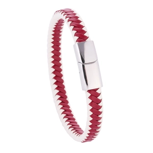 Braided leather bracelet in red and white design with silver magnetic clasp for men and women