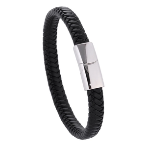 Detail of black braided leather bracelet featuring a polished silver magnetic metal clasp