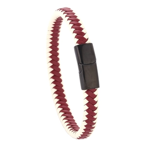 Detailed close-up of woven red and white leather bracelet with black magnetic clasp