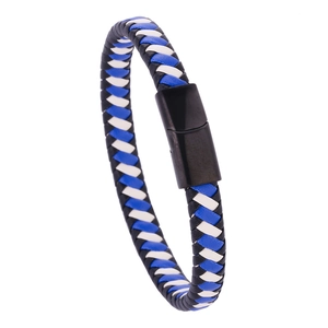 Macro detail of tricolor braided leather bracelet with black matte magnetic clasp