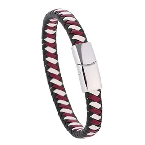 Men Braided Leather Rope Bracelet With Titanium Steel Magnetic Buckle Fashion Vintage Camouflage Wristband Couple Jewelry