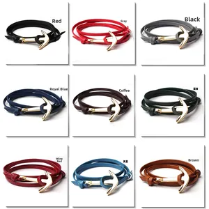 Nine colors of anchor wrap bracelets featuring leather straps and metal hardware