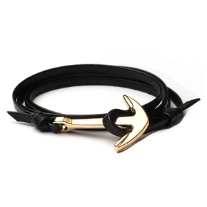 Double-layered black leather anchor bracelet with a polished gold nautical hook clasp