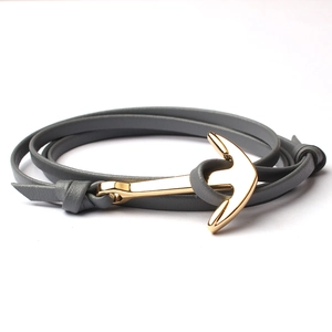 Double-layered grey leather anchor bracelet with golden Vikings metal buckle for couples