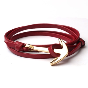 Double-layered dark red leather wrap bracelet with golden anchor clasp for men and women
