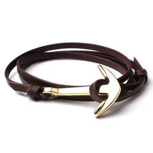 Double-layered brown leather wrap bracelet with a polished gold anchor clasp for men and women