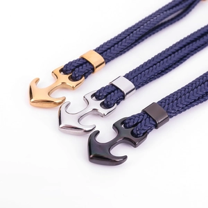 Men's nautical anchor bracelet in gold silver and black with navy braided cord