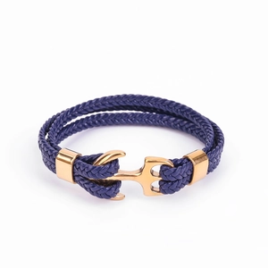 Men's nautical anchor bracelet featuring double-wrap blue braided leather and gold steel