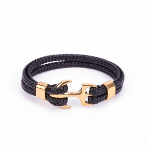 Men's black braided leather anchor bracelet with a polished gold stainless steel clasp