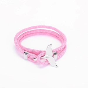 Bracciale in corda intrecciata rosa con gancio in metallo argento a coda di balena