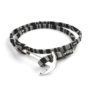 Bracelet nautique double tour rayé noir et blanc avec fermoir ancre en métal argenté
