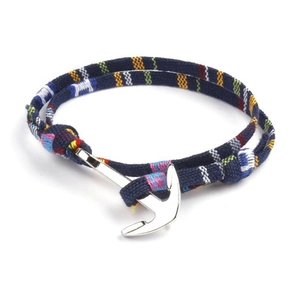 Bracelet nautique en corde tressée avec fermoir ancre argenté en bleu marine et rouge
