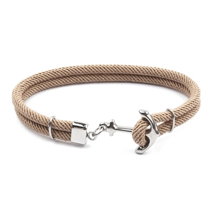 Bracelet ancre nautique artisanal avec cordon tressé beige et boucle en acier