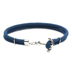 Bracelet ancre tressé bleu marine avec fermoir en acier inoxydable argenté poli