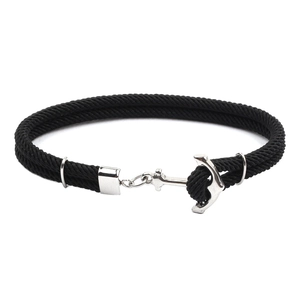 Bracelet nautique en corde noire tressée avec fermoir ancre en acier inoxydable argenté
