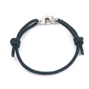 Adjustable dark green braided rope bracelet with silver stainless steel handcuff clasp