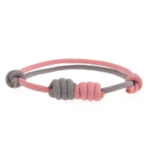 Handmade woven concentric knot couple bracelet in pink and gray with adjustable cord
