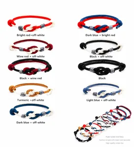 Detailed grid of handmade concentric knot bracelets in various dual-color woven cord styles