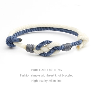 Detail of blue and white hand-woven concentric knot bracelet with high-quality cord