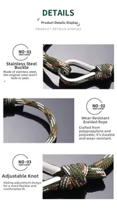 Detailed view of adjustable camo green braided bracelet with durable stainless steel buckle