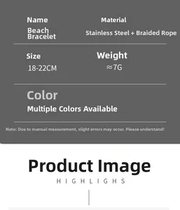Detailed size chart for stainless steel woven beach bracelet with 18-22cm length