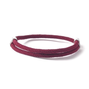 Detail of burgundy braided rope bracelet with adjustable silver metal clasp on white background