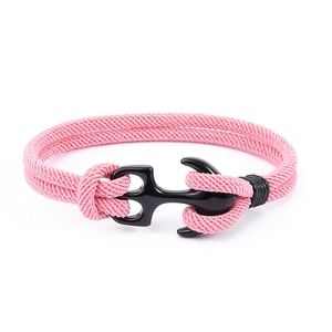 Bracelet ancre nautique rose avec fermoir noir en acier inoxydable et corde tressée pour couple