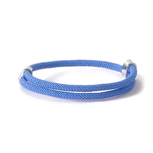 Close-up of blue braided cord bracelet with silver matte metal fasteners on white background