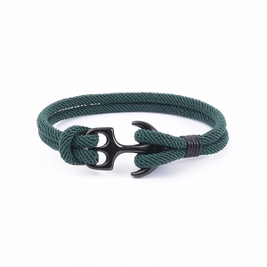Bracelet nautique en corde vert foncé avec fermoir ancre noire en acier inoxydable