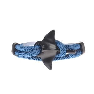 Navy blue braided nautical rope bracelet with a sleek black stingray style metal clasp