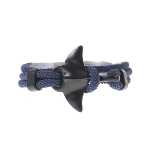 Marine style dark blue woven rope bracelet with black manta ray metal clasp accessory
