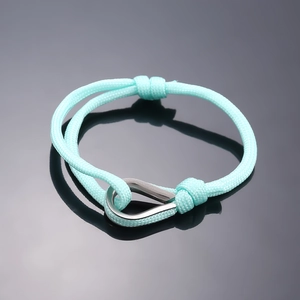 Adjustable light blue nautical rope bracelet with stainless steel horseshoe clasp