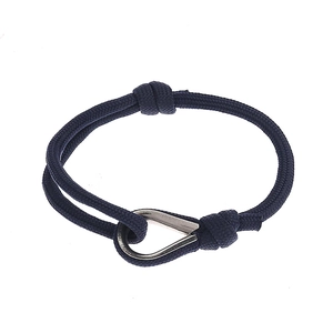 Minimalist navy blue braided rope bracelet with polished silver teardrop hook clasp