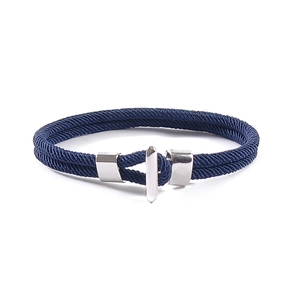 Deep blue woven double-layer bracelet with silver T-bar clasp and anchor styling