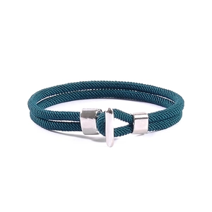 Minimalist double-strand woven bracelet in dark green with polished silver T-bar clasp