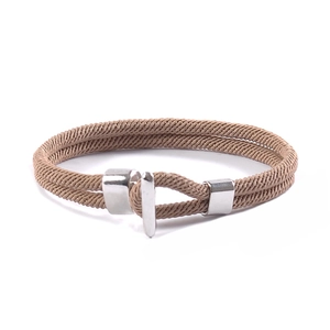 Minimalist silver T-bar clasp woven bracelet with khaki fiber cord and stylish anchor rope