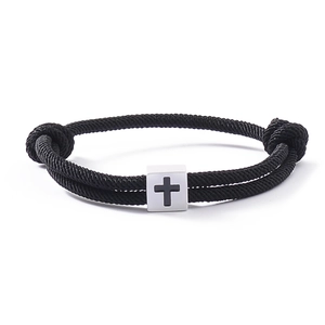 Adjustable black woven rope bracelet with engraved cross square stainless steel slider