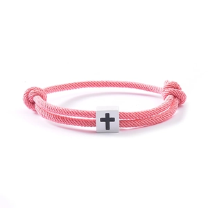 Handmade adjustable pink cord couple bracelet with a stainless steel cross square bead