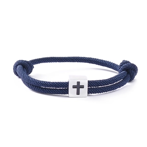 Adjustable navy blue woven couple bracelet with white square block and black cross charm