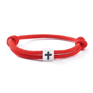 Handmade woven adjustable couple bracelet with red string and silver cross metal charm