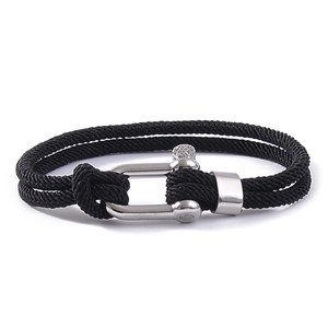Men's double-layered black Milanese rope bracelet with a silver stainless steel U-buckle