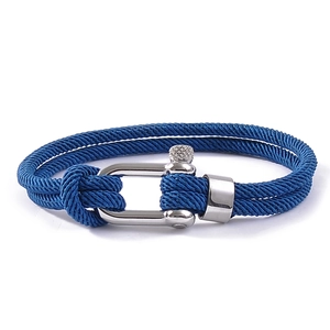 Nautical braided navy blue rope bracelet with stainless steel u-shaped shackle clasp